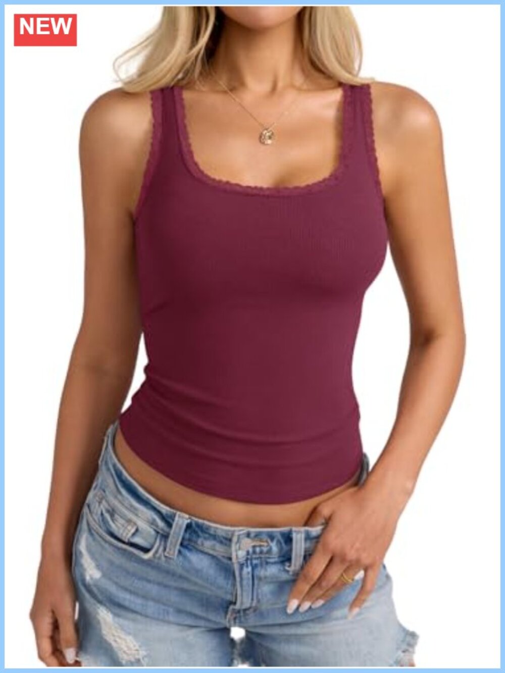 Lace Trim Cotton Ribbed Tank Top Cute Scoop Neck Camisole